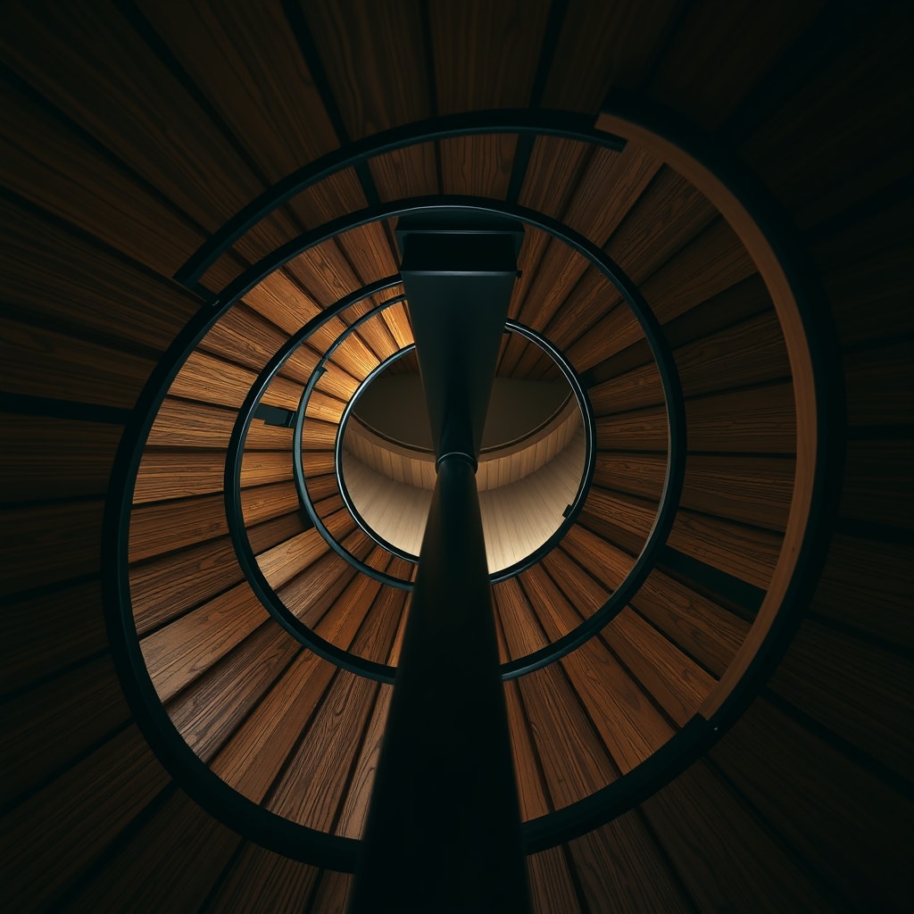 Escalier hélicoïdal bois autour d'un axe central métallique