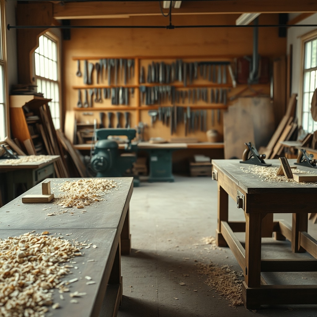 Vue large de l'atelier de menuiserie avec établis et machines stationnaires
