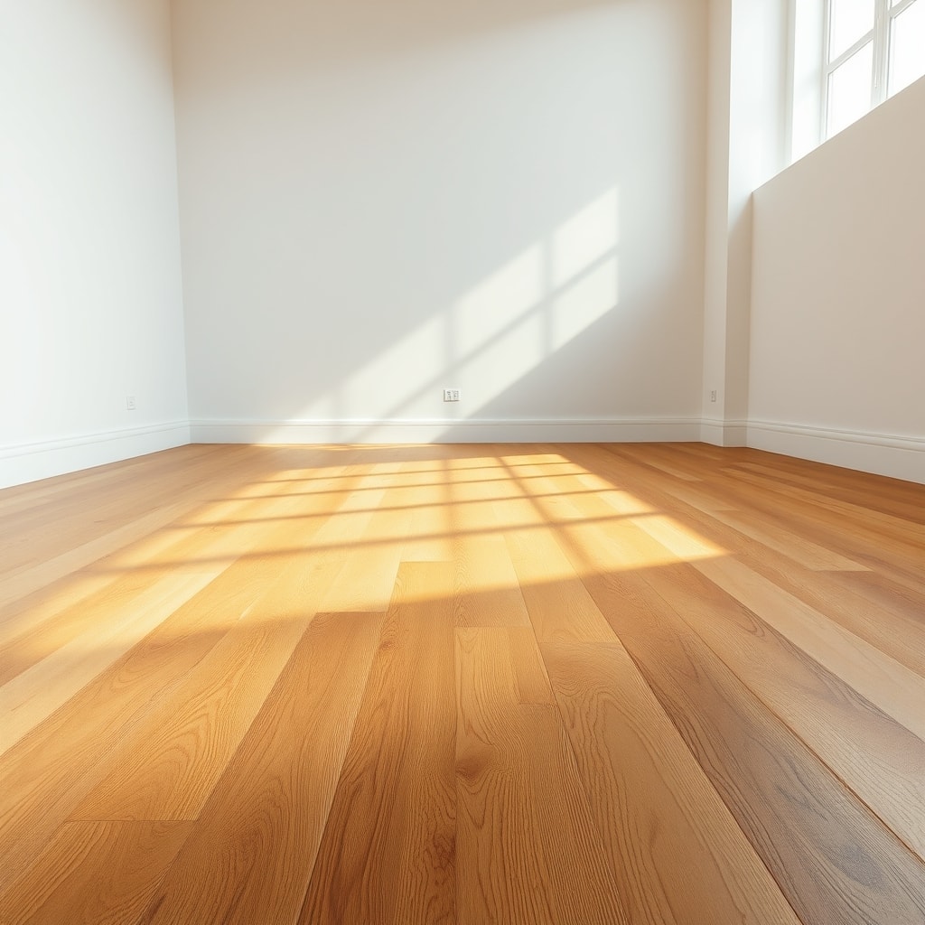 Parquet chêne massif fraîchement posé, lumière rasante sur veinage