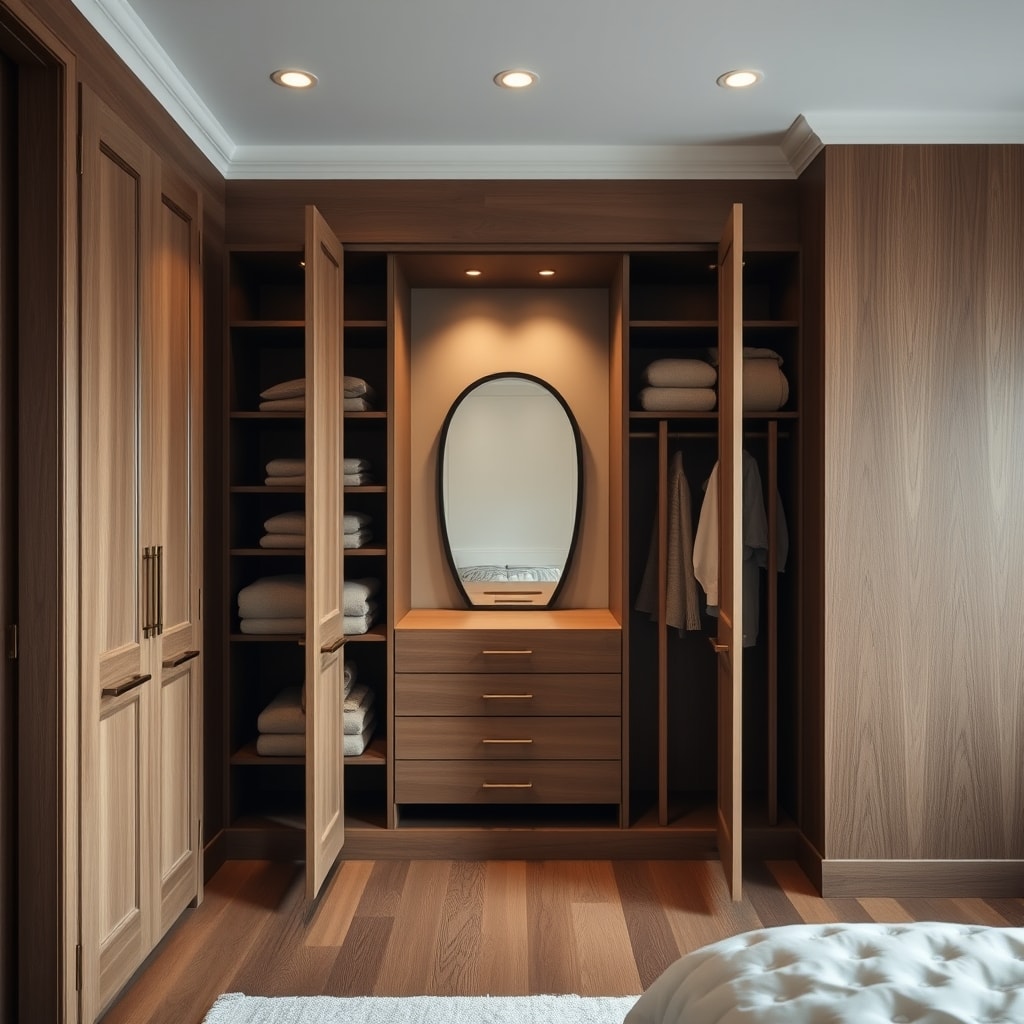 Dressing sur mesure en chêne avec étagères, vue de trois quarts