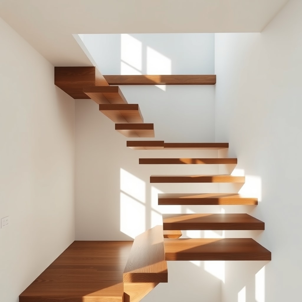 Escalier bois suspendu dans une cage d'escalier blanche