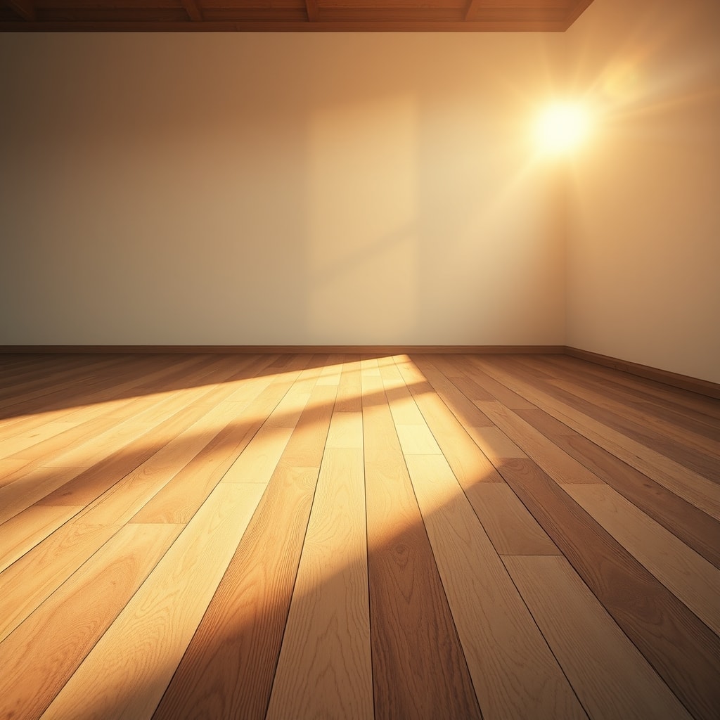 Parquet massif chêne fraîchement posé, lumière rasante