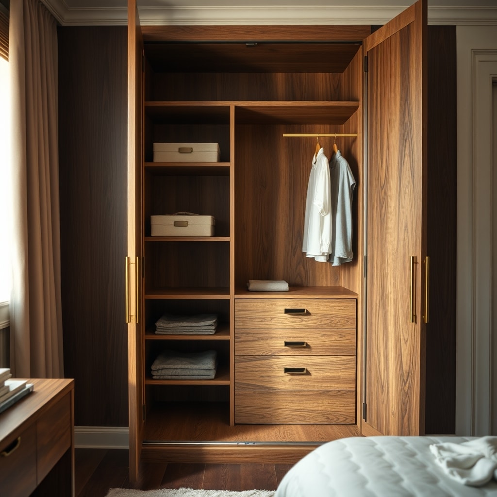Dressing sur mesure en chêne ouvert dans une chambre lumineuse